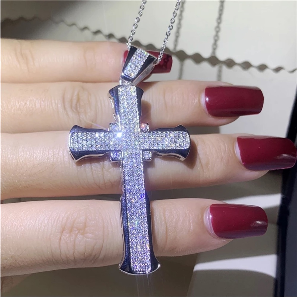 New Luxury 925 Silver Cross Men Women Diamond Necklace - Picture 7 of 16